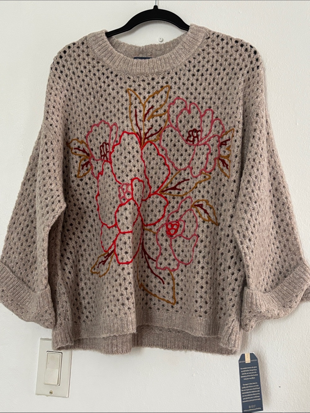 Democracy Beige Open-Knit Crewneck Sweater with Pink & Gold Floral Embroidery